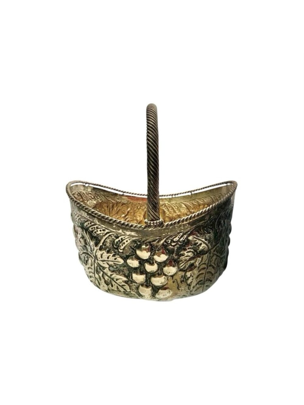 Basket Metal Grape & Leaf Embossed with Rope Handle Design Large Vintage Decor